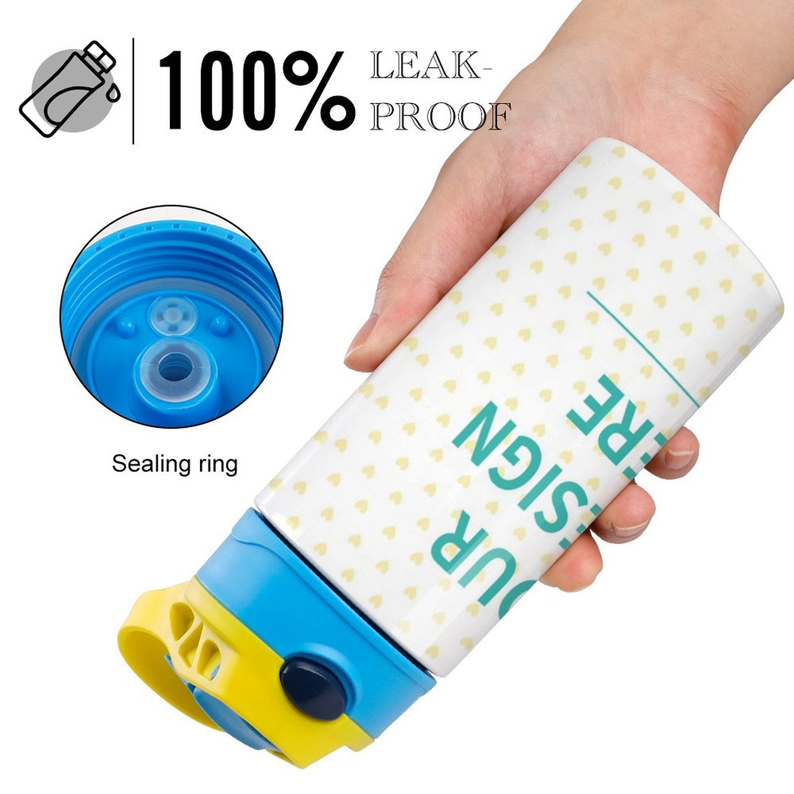 MyArtsyGift 12oz Kids Insulated Water Bottle, leak-proof design with custom art, featuring sealing ring details.