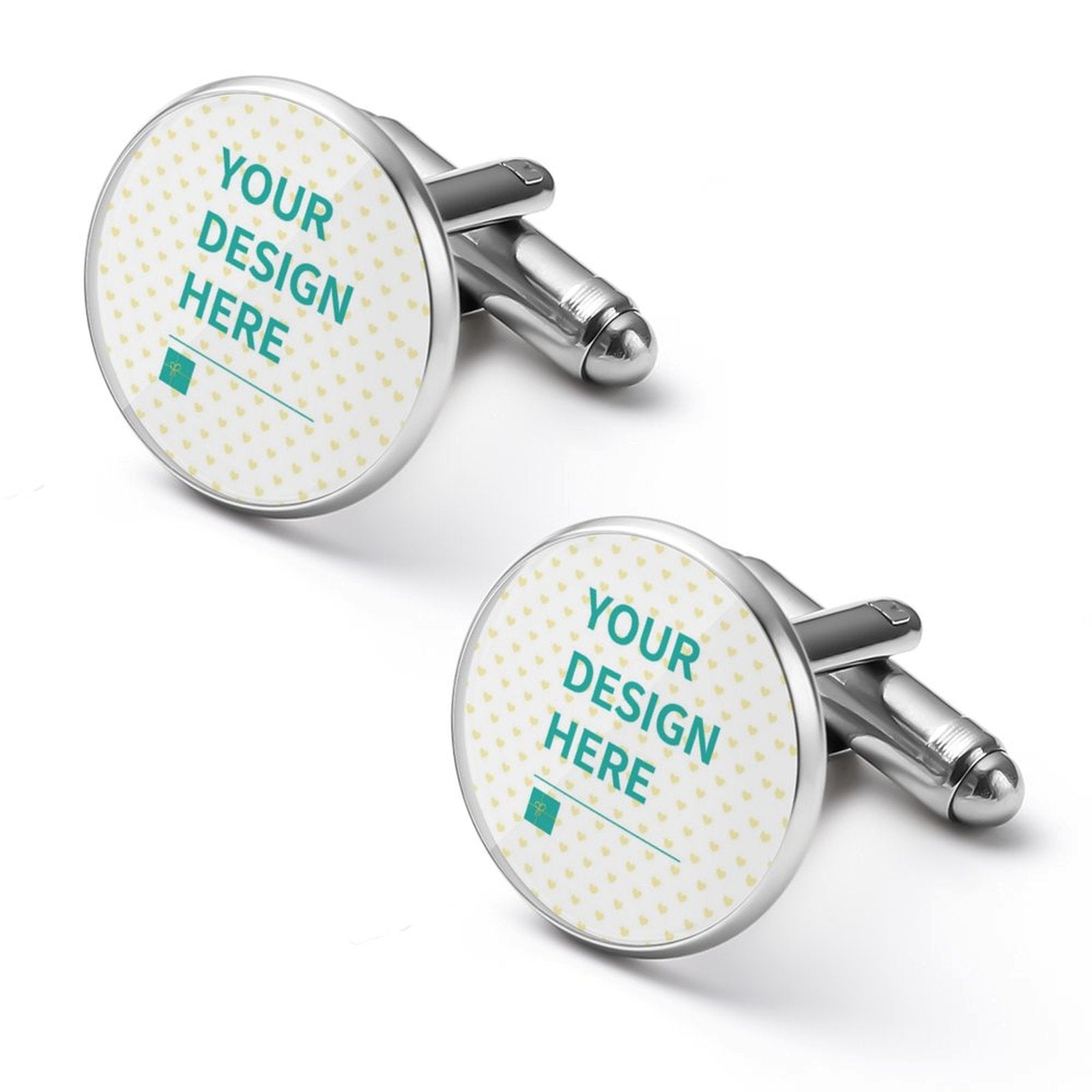Personalized alloy cufflinks with 'YOUR DESIGN HERE' design, for men's tuxedo shirts or wedding gifts.