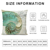 Turquoise nautilus shell design plush pillow cover with 'Coquillage' text, breathable and soft.