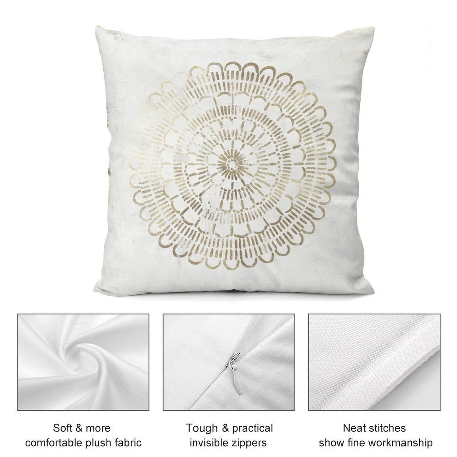 White plush pillow cover with gold mandala design, showing soft fabric, invisible zipper, and quality stitching.