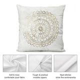 White plush throw pillow cover with gold mandala design, soft fabric, and invisible zipper for sofa, couch, or living room.