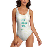 Custom one-piece swimsuit for women with heart pattern. Features "YOUR DESIGN HERE" text, perfect for personalized designs.