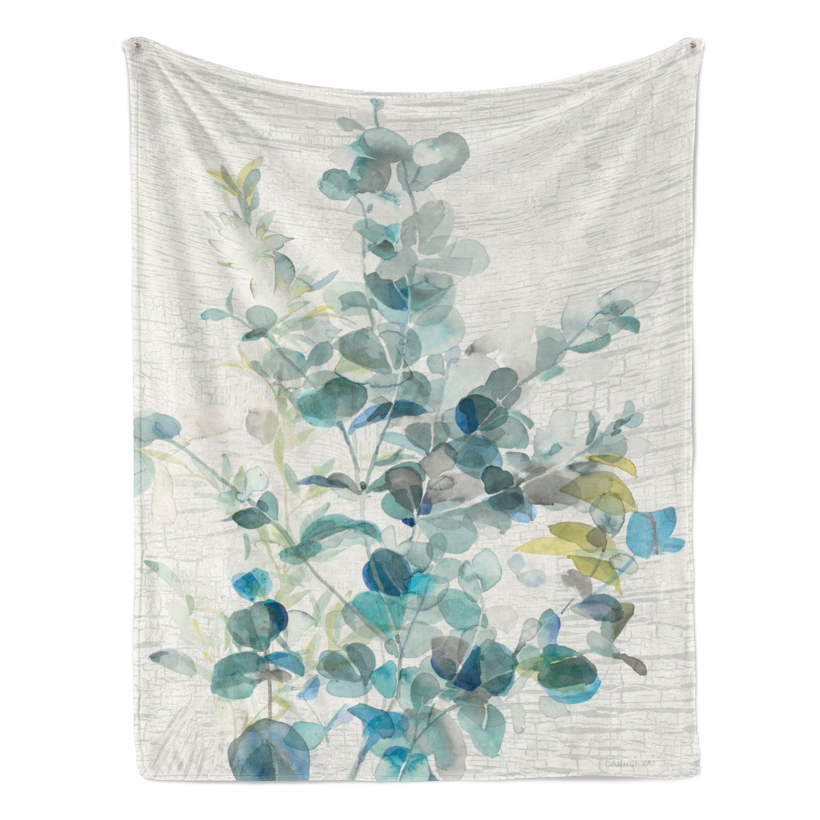 Eucalyptus IV Vintage Flannel Blanket, blue and green watercolor design, soft polyester, cozy home decor.