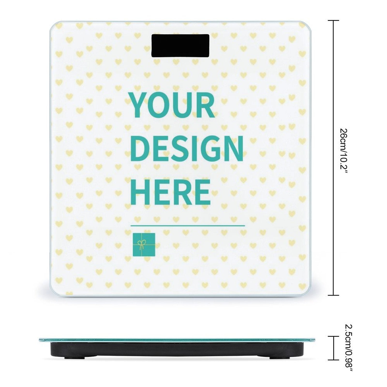 Customizable digital bathroom scale with 'Your Design Here' text, tempered glass surface, heart pattern, and gift icon.