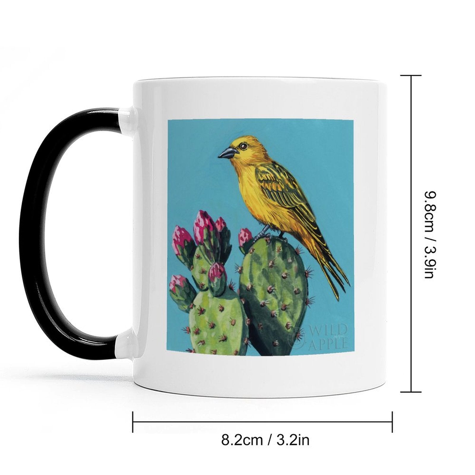 Personalized white ceramic mug with a yellow bird and cactus design, black handle, a perfect gift.