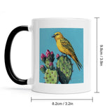 Personalized white ceramic mug with a yellow bird and cactus design, black handle, a perfect gift.