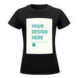 Custom black women's summer T-shirt with 'YOUR DESIGN HERE' design, round neck, short sleeves.