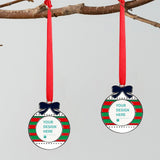 Personalized alloy Christmas ornaments with red ribbon, customizable design for Xmas tree. Featuring your design here text.