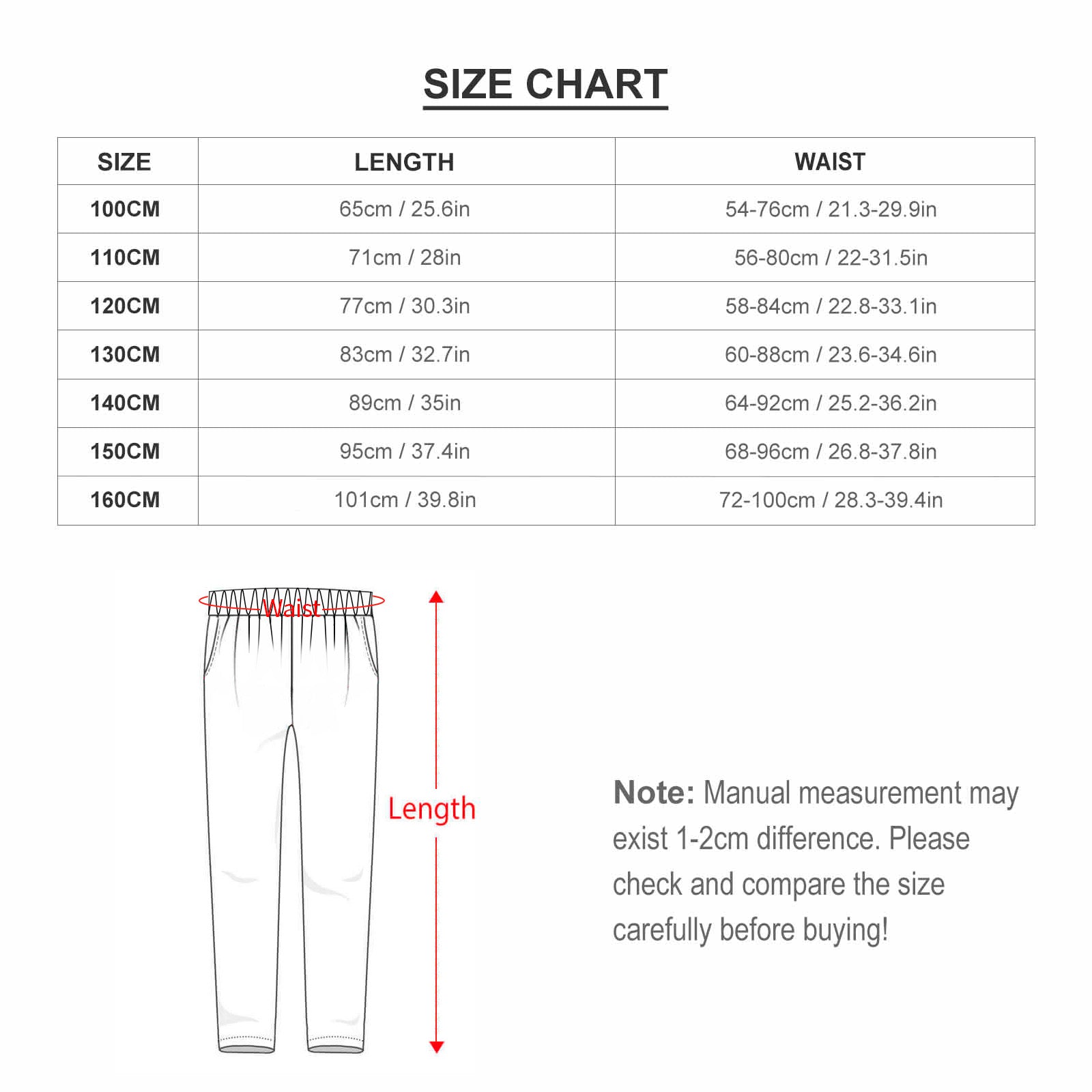 Toddler boys pajama size chart with length, waist measurements. Check the size before buying.