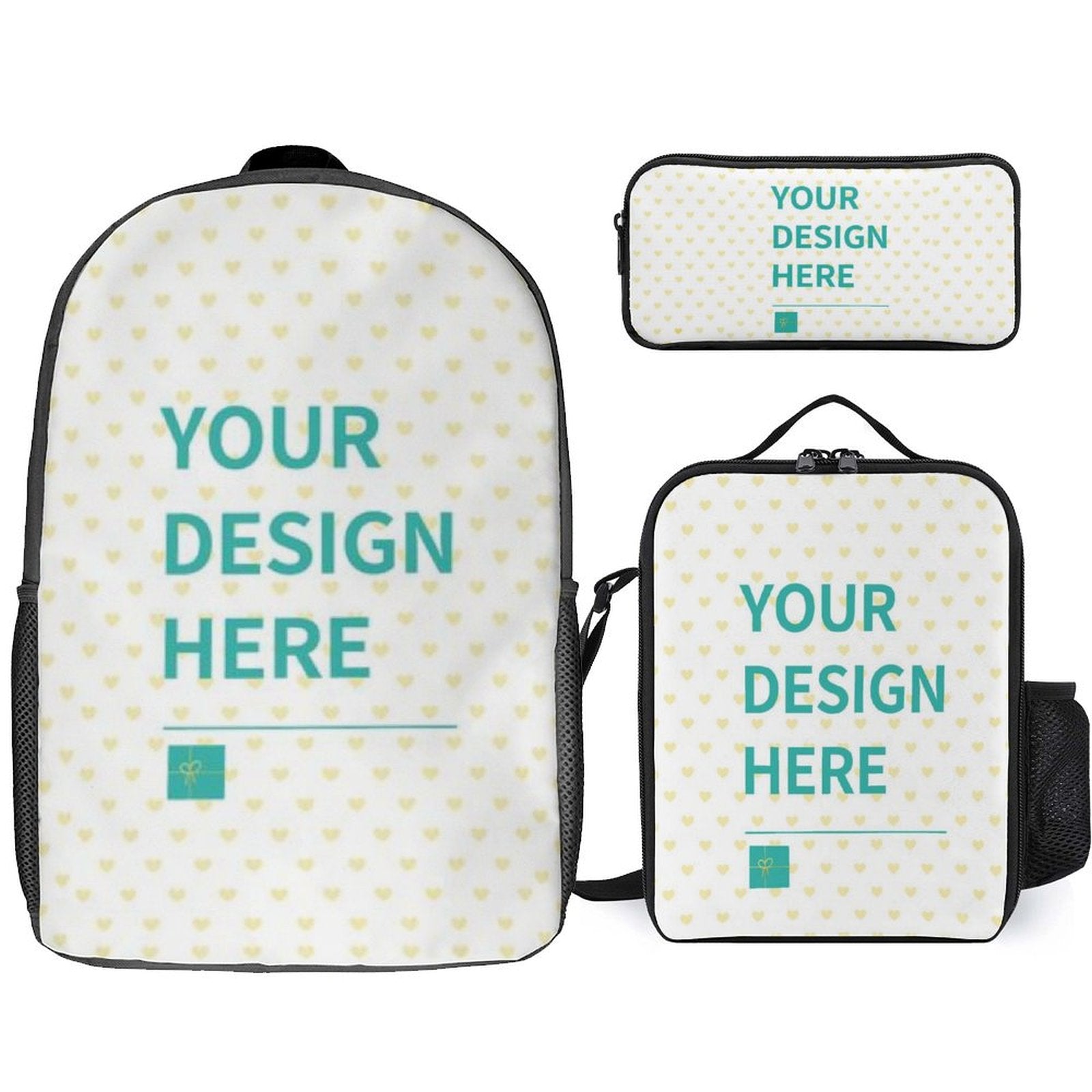 Custom school backpack set with customizable design for girls and boys, including a backpack, lunch bag, and pencil case.