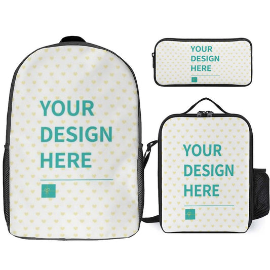 Custom school backpack set with customizable design for girls and boys, including a backpack, lunch bag, and pencil case.