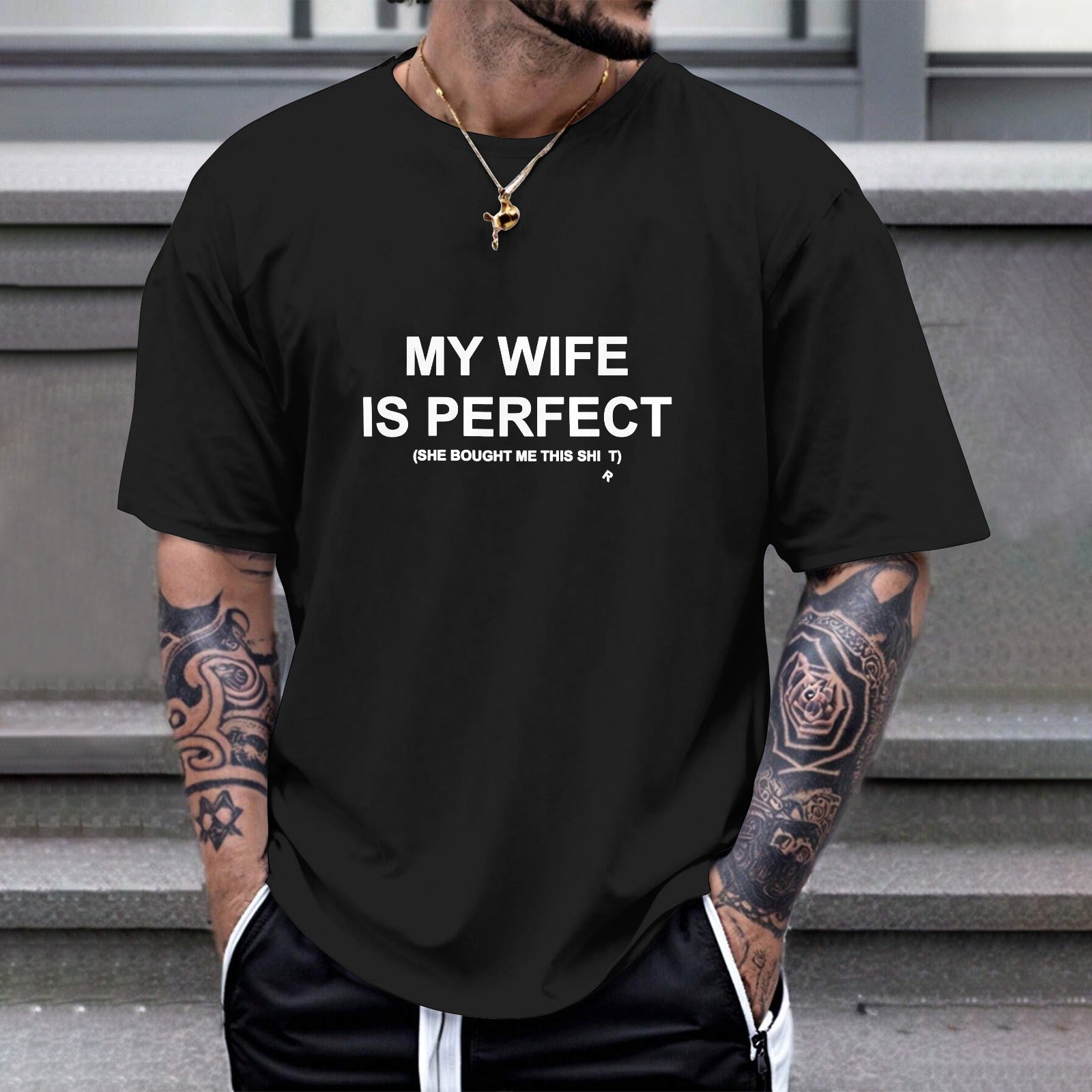Black Gildan unisex t-shirt with 'MY WIFE IS PERFECT' text, a perfect gift idea for husband. Shop now at MyArtsyGift.com