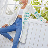 Custom white open front cardigan with heart pattern, long sleeves, featuring "YOUR DESIGN HERE"