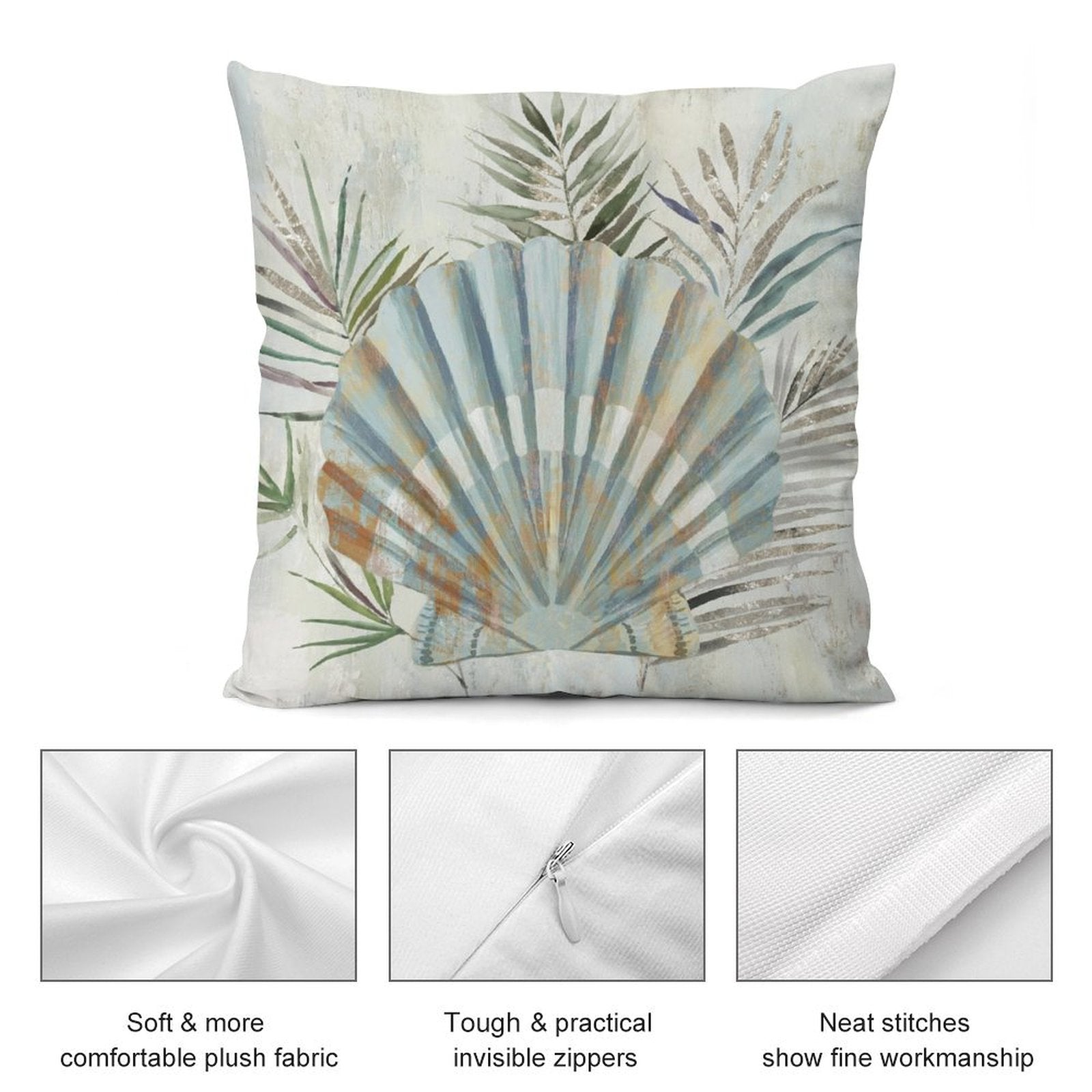 Seashell plush pillow cover with soft, comfortable fabric, invisible zippers, and neat stitching, perfect for home decor.