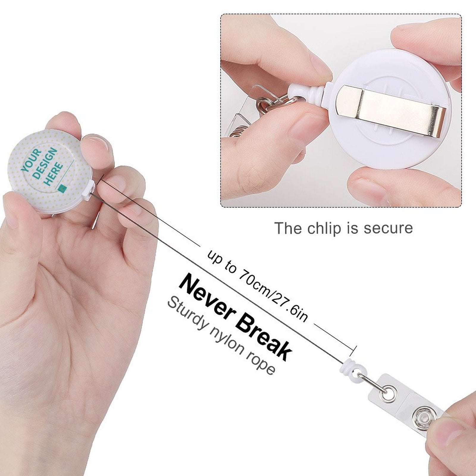 Personalized badge reel holder with metal clip, durable PP material, retractable cord for women men.