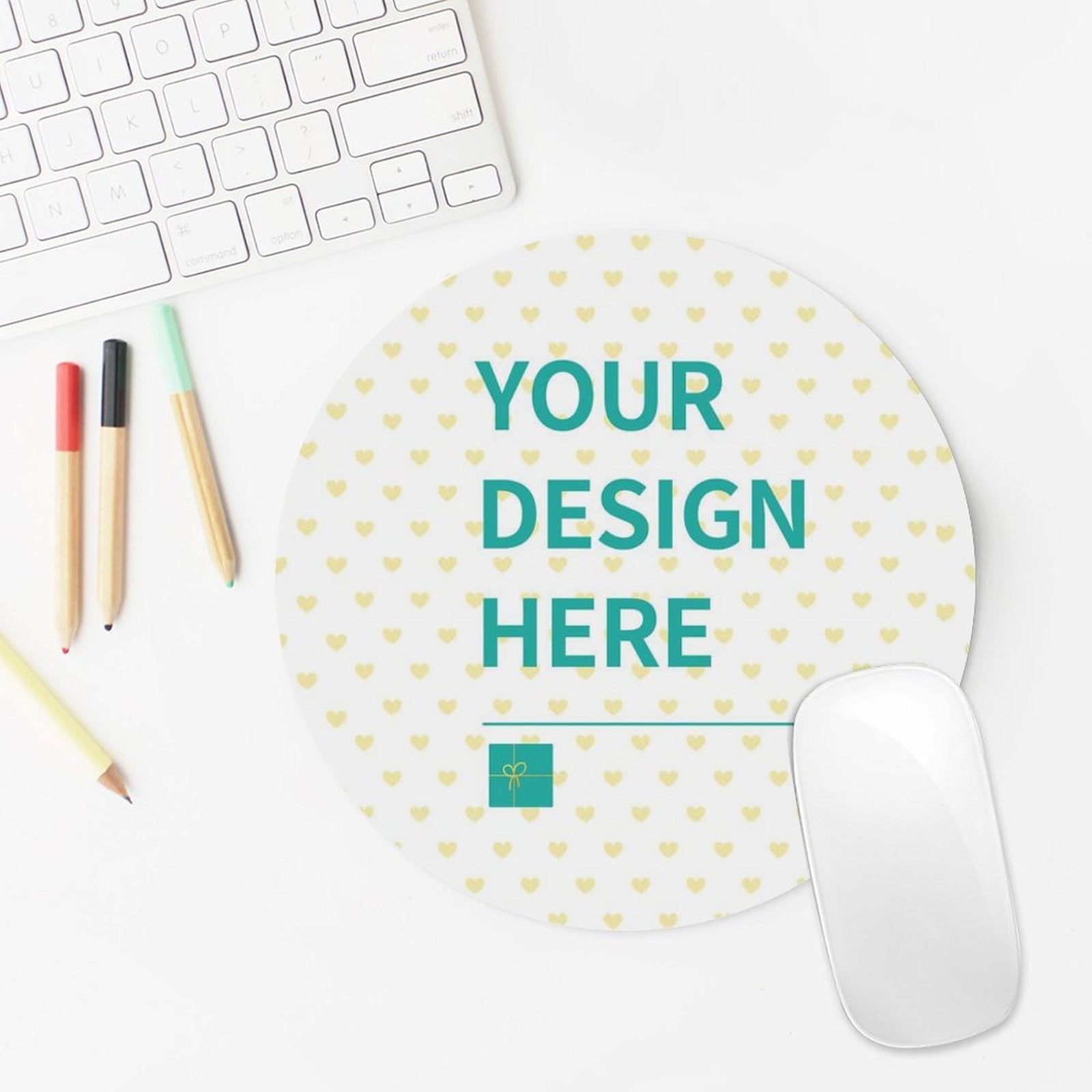 Custom round mouse pad with 'YOUR DESIGN HERE' text, white heart pattern, perfect for office or gaming