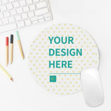 Custom round mouse pad with 'YOUR DESIGN HERE' text, white heart pattern, perfect for office or gaming