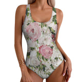 Women's floral one-piece swimsuit with pink roses, perfect for beach and summer at MyArtsyGift