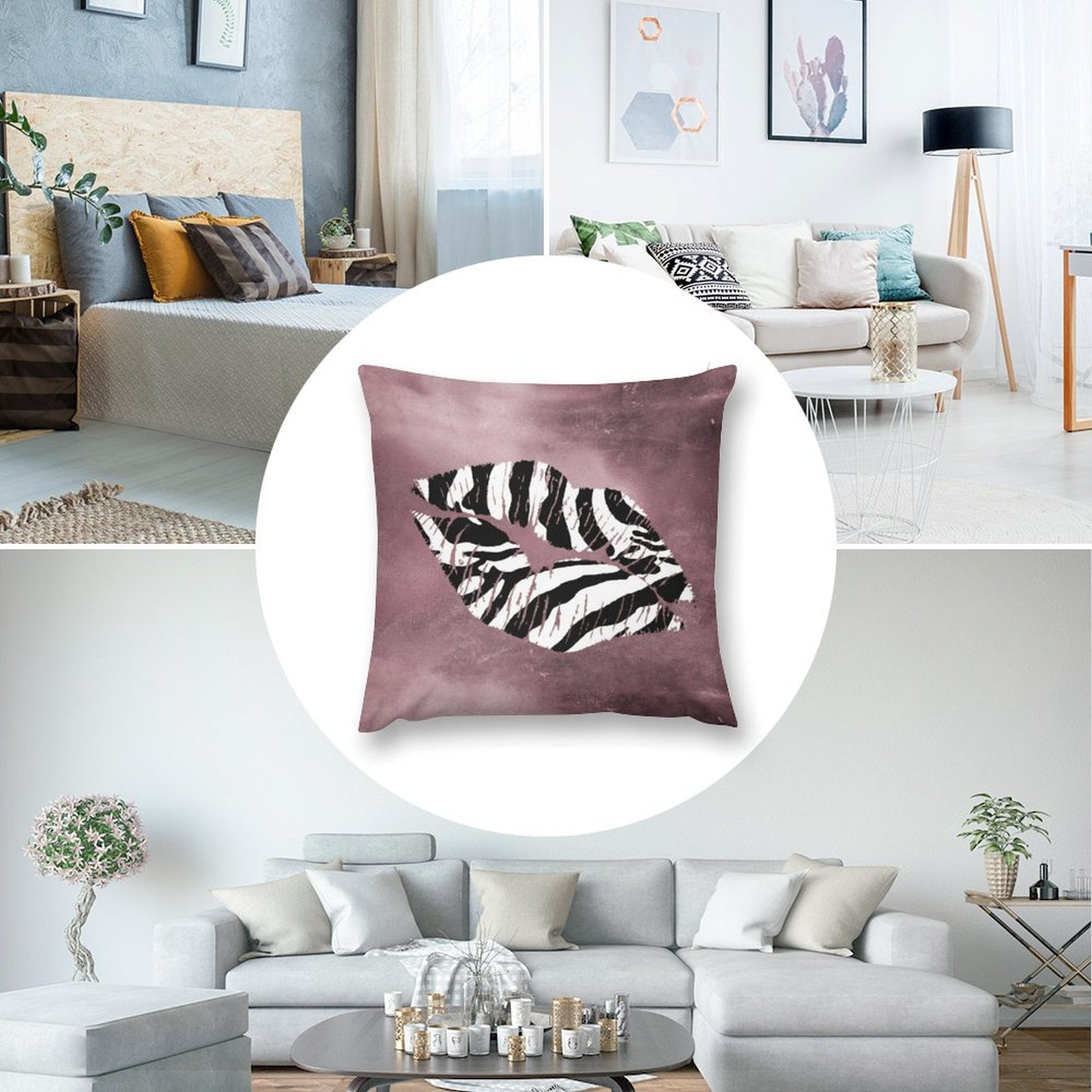 Mauve plush pillow cover with zebra kiss print design, perfect for couch or sofa, soft and fluffy decorative pillow