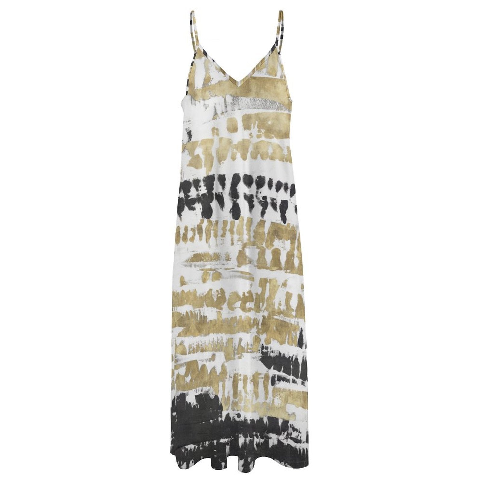 Women's long slip dress with tie-dye in white, gold, and black. Polyester, backless design, perfect for summer.