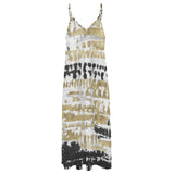 Women's long slip dress with tie-dye in white, gold, and black. Polyester, backless design, perfect for summer.