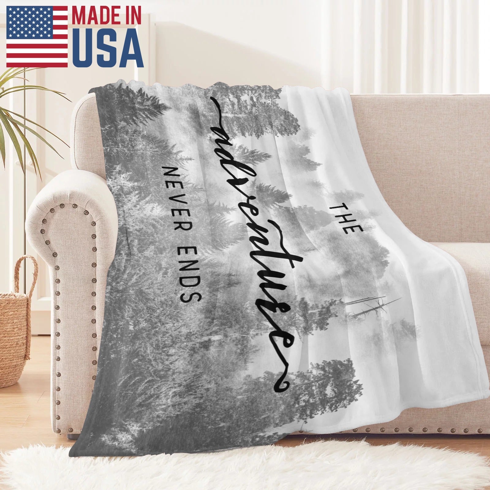 Black and white misty forest flannel blanket made in USA. The Adventure Never Ends.