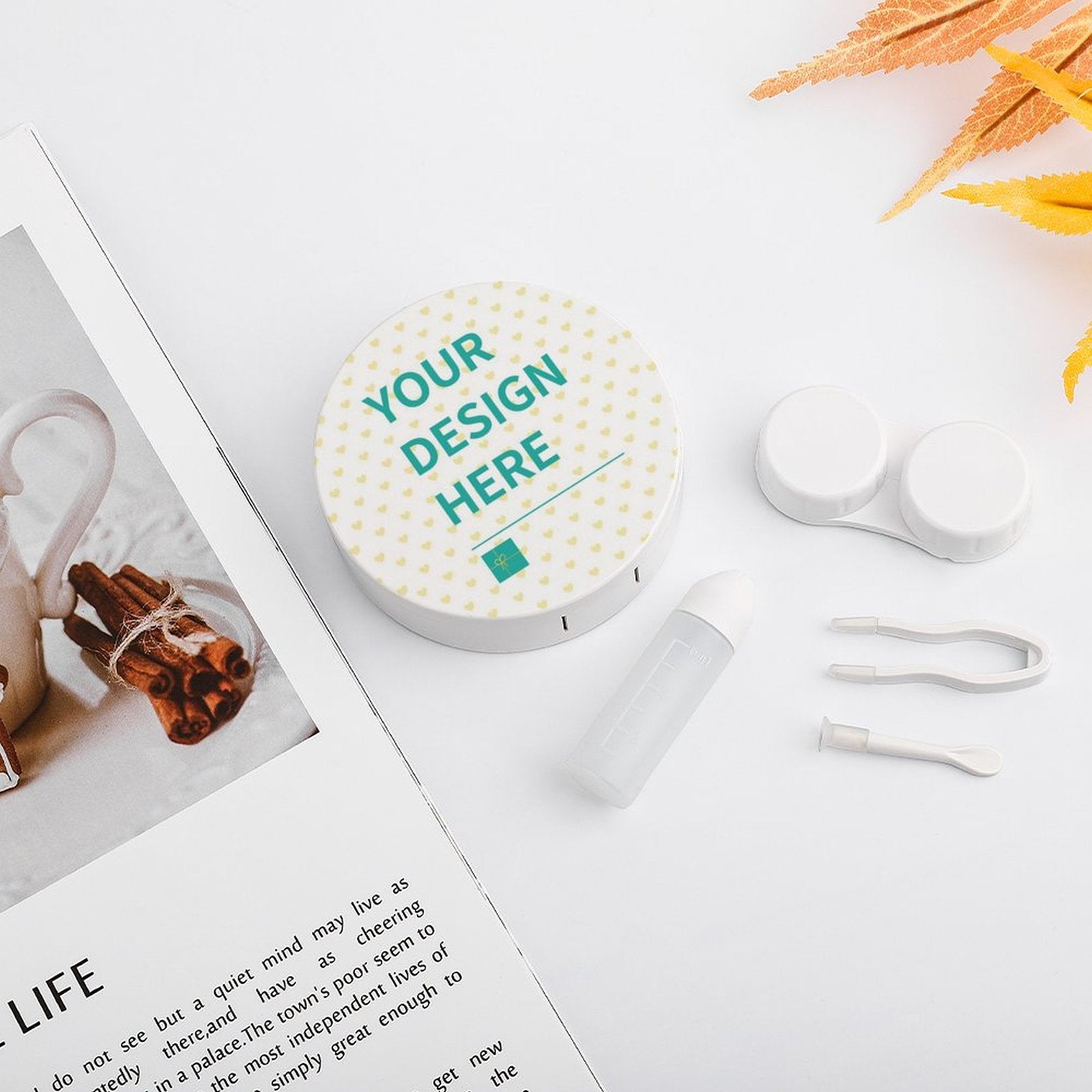 Custom contact lens case with mirror, showing the text "YOUR DESIGN HERE", perfect for travel and daily use.