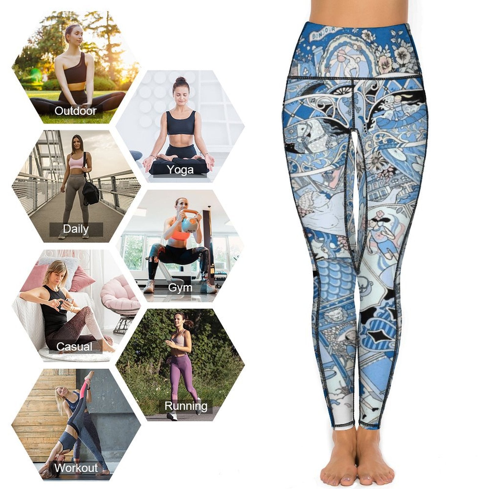 High-waisted blue yoga pants with artistic design, perfect for yoga, running, and workouts. Soft, breathable fabric.