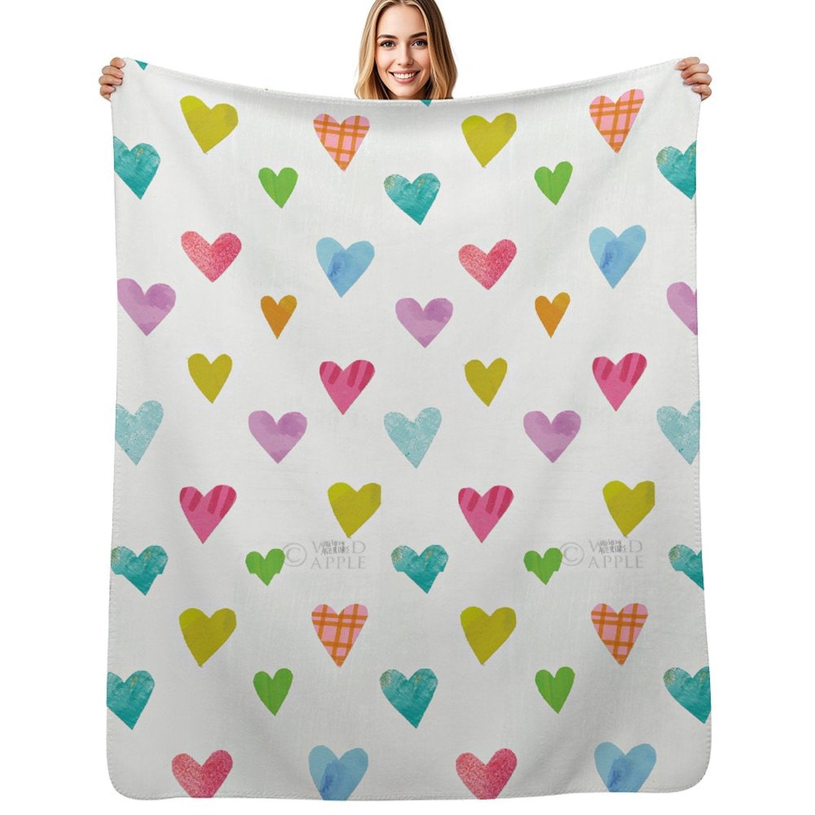 Unicorn Magic fleece blanket with colorful hearts, soft, cozy, and made in USA, perfect gift.
