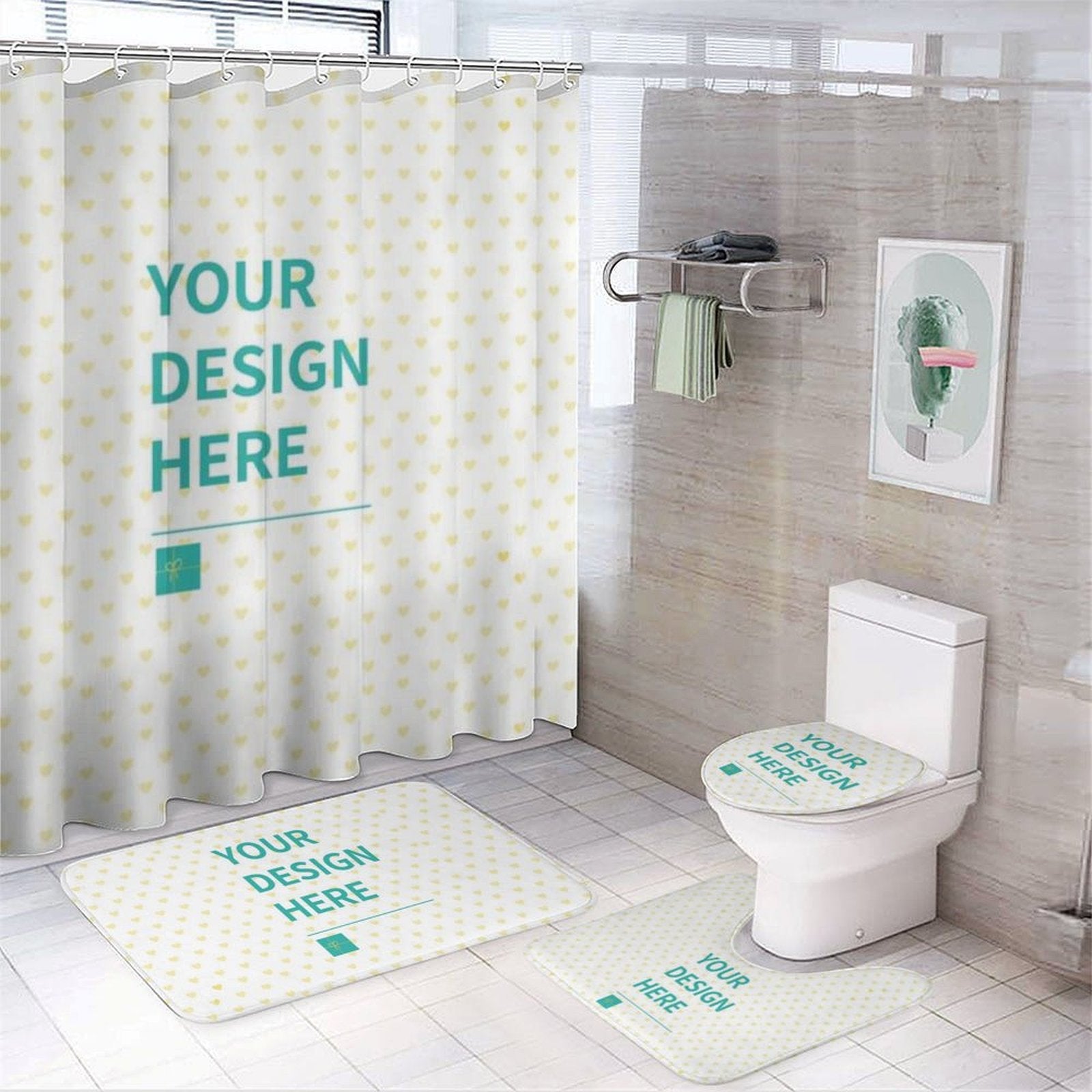 Custom bathroom set with shower curtain and rugs personalized with design. Bathroom decor.