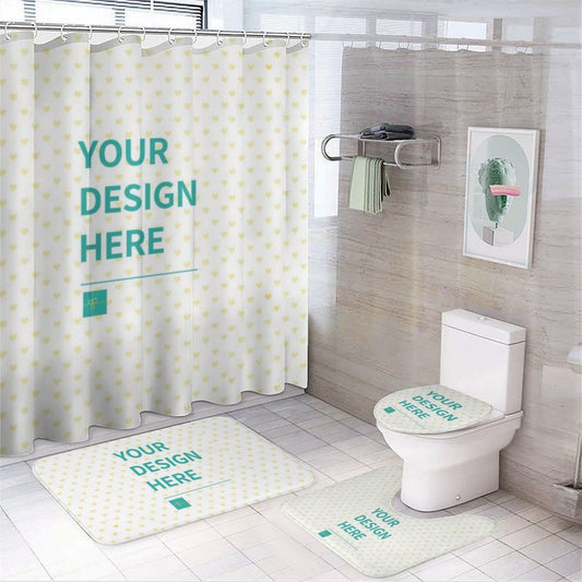 Custom bathroom set with shower curtain and rugs personalized with design. Bathroom decor.