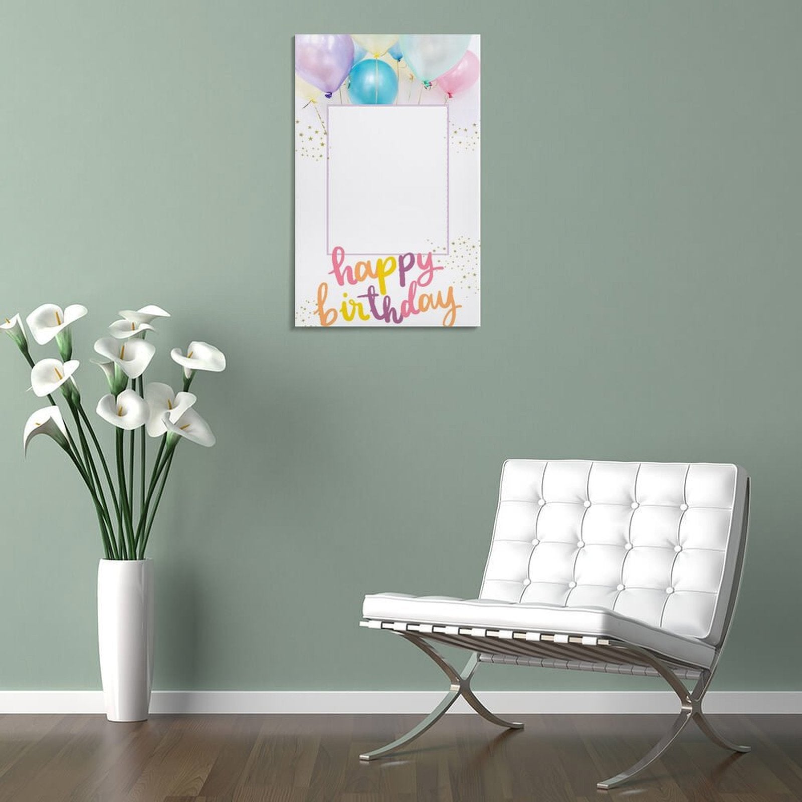 Personalized Happy Birthday photo frame with balloons and cursive text; custom gift.