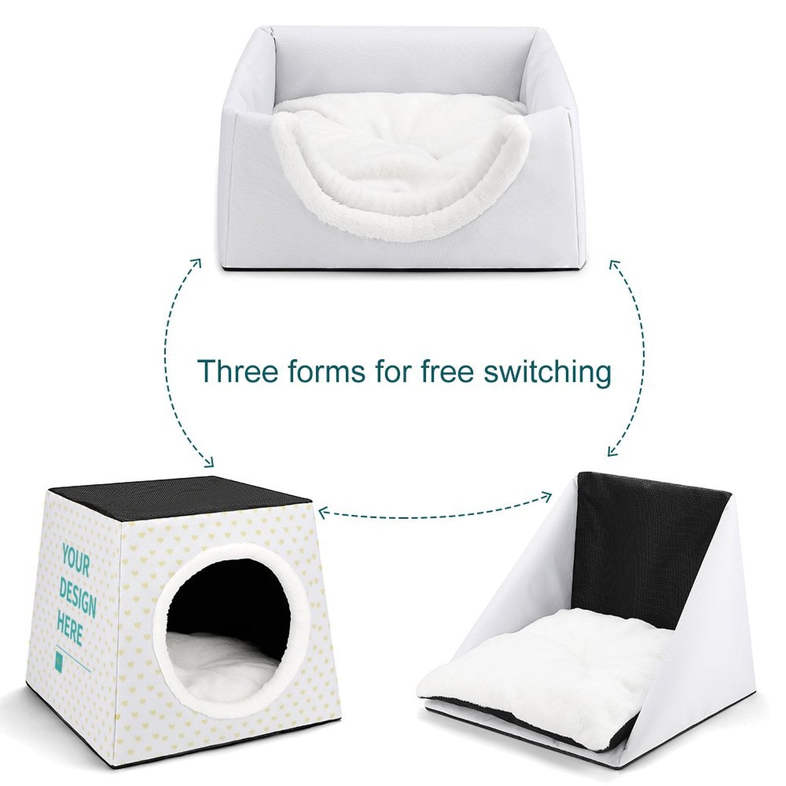 Waterloo Dog Cat House Cube Bed in white Oxford fabric, convertible design, with Your Design Here option