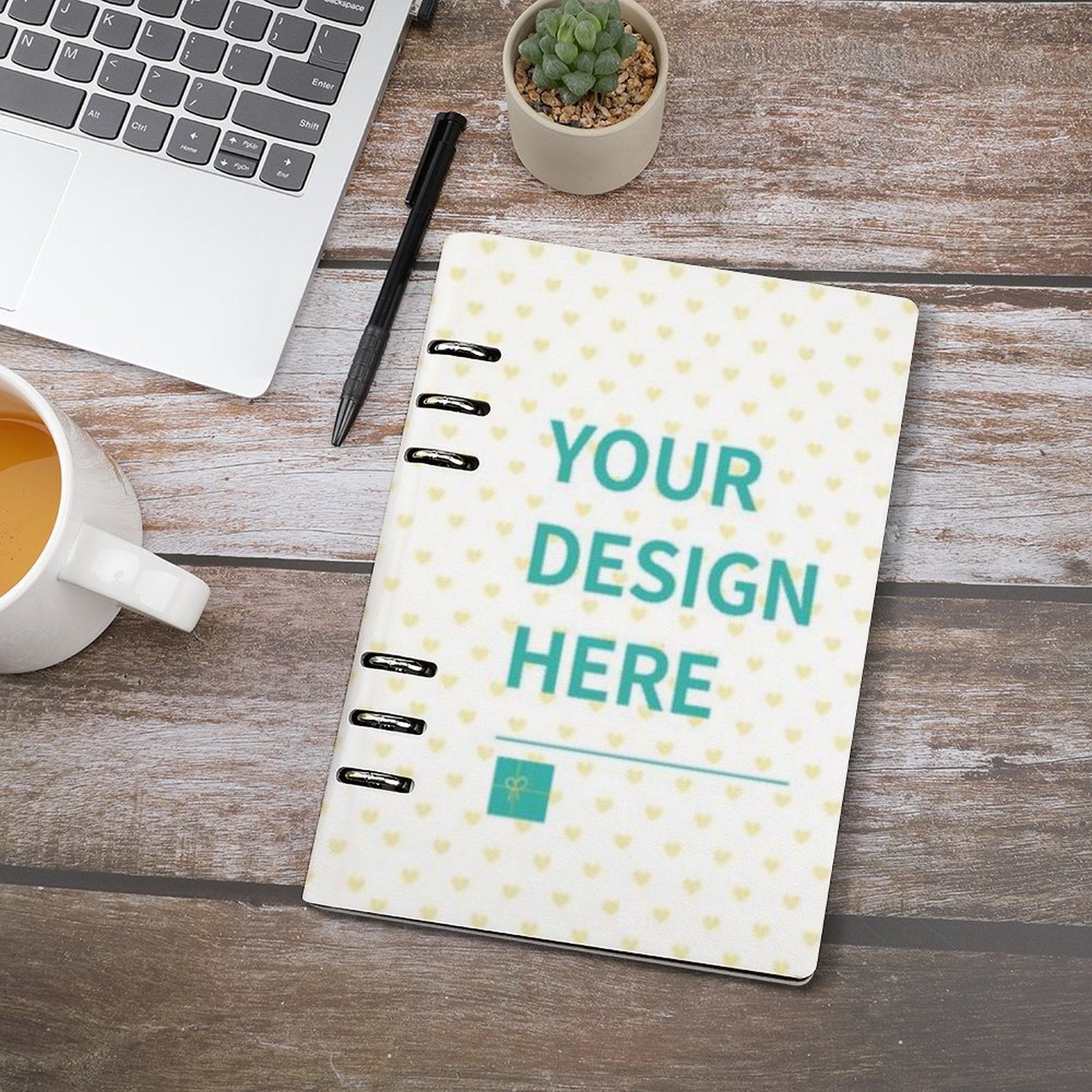 Customizable loose-leaf notebook with "YOUR DESIGN HERE" design, perfect for note-taking, school, or office use.