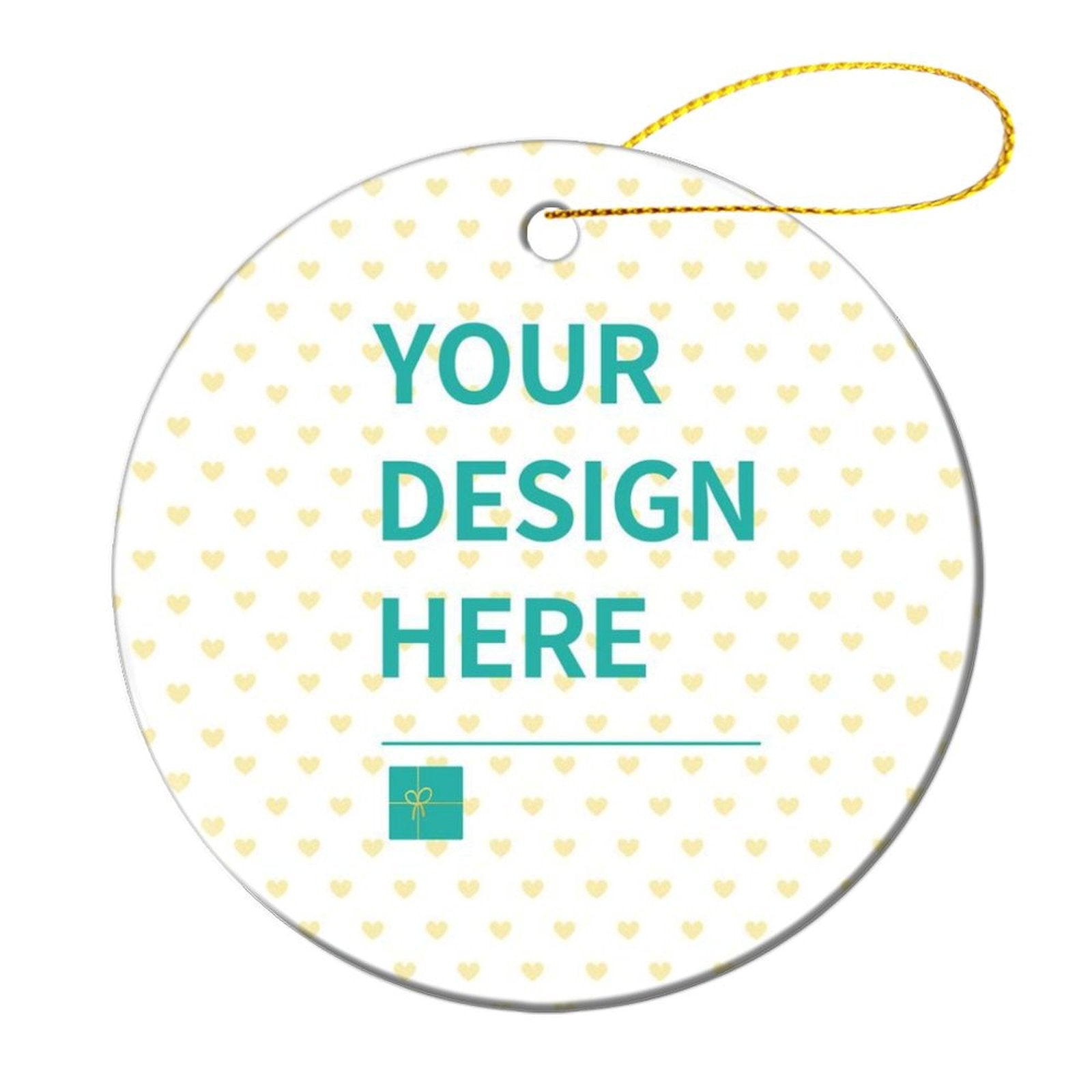 Personalized ceramic Christmas ornament with "YOUR DESIGN HERE" text and heart pattern, perfect for custom photo gifts.