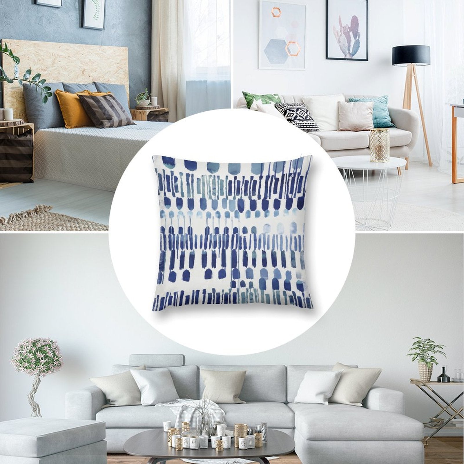 Short plush throw pillow cover with abstract blue design, living room sofa decor.