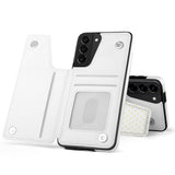 White PU leather Samsung Galaxy S21 phone case, flip cover with card slot, protective design.