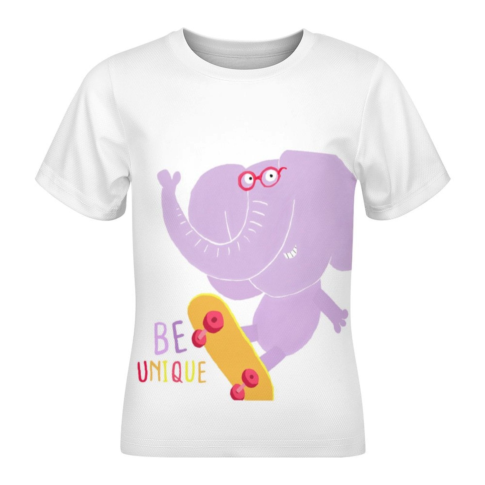 Kids white short sleeve t-shirt with skateboarding elephant graphic and 'BE UNIQUE' text, summer wear