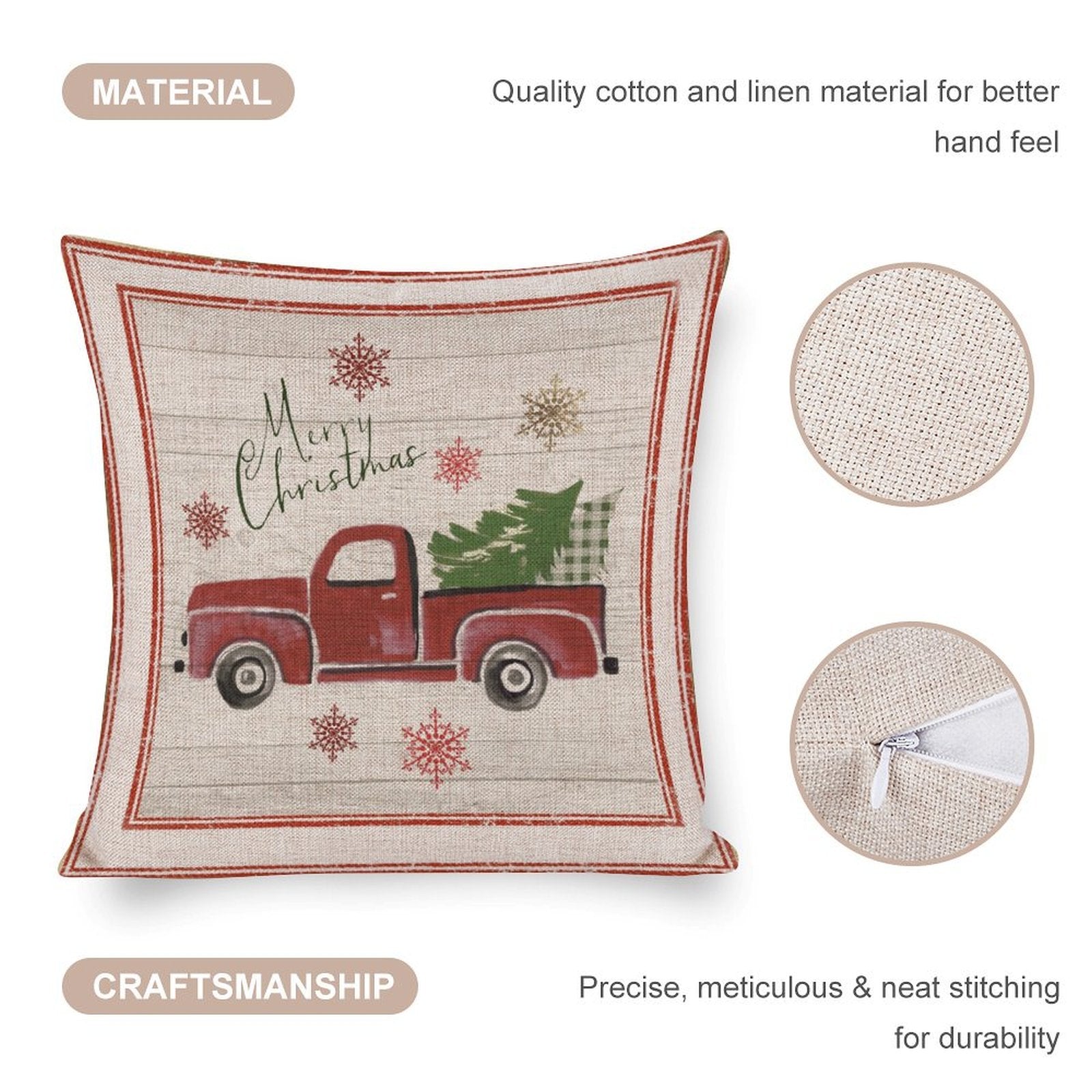 Christmas pillow cover with red truck and tree design, cotton linen material, Merry Christmas decor