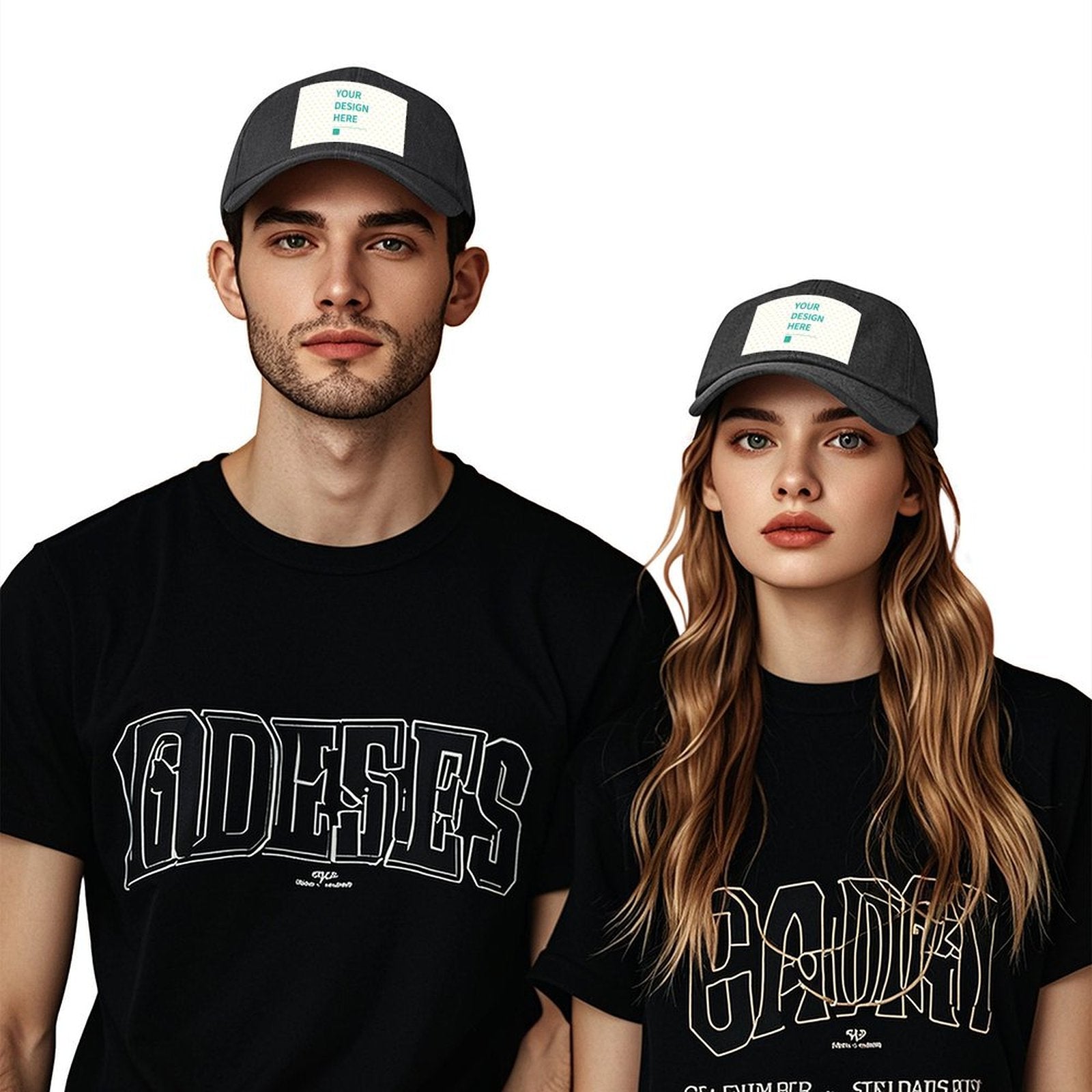 Custom denim baseball cap with YOUR DESIGN HERE area, in dark gray, for personalized gifts. Great for men and women.