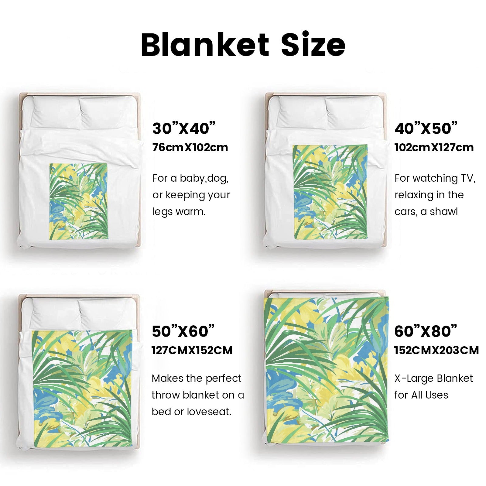 Green tropical plants blanket size guide. Featuring various sizes for couch, bed or all uses