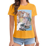 Women's yellow short sleeve t-shirt with coastal town graphic print, MyArtsyGift, casual wear.