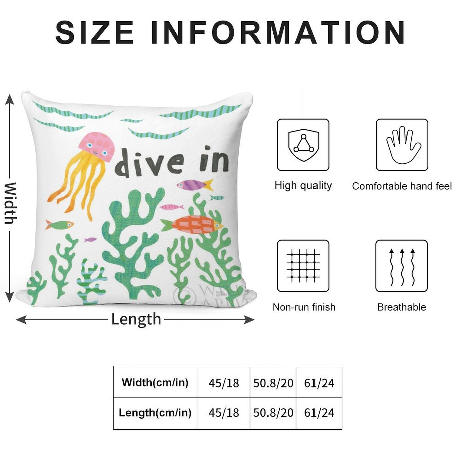 Ocean-themed throw pillow case, jellyfish, fish design, "dive in" text, made with soft and breathable material.