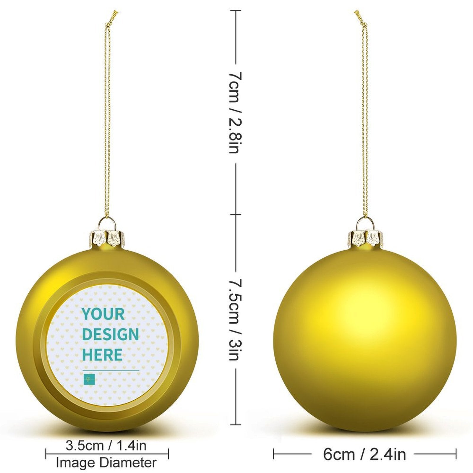 Customizable golden Christmas ball ornament with 'Your Design Here' text, perfect for personalized holiday decorations.