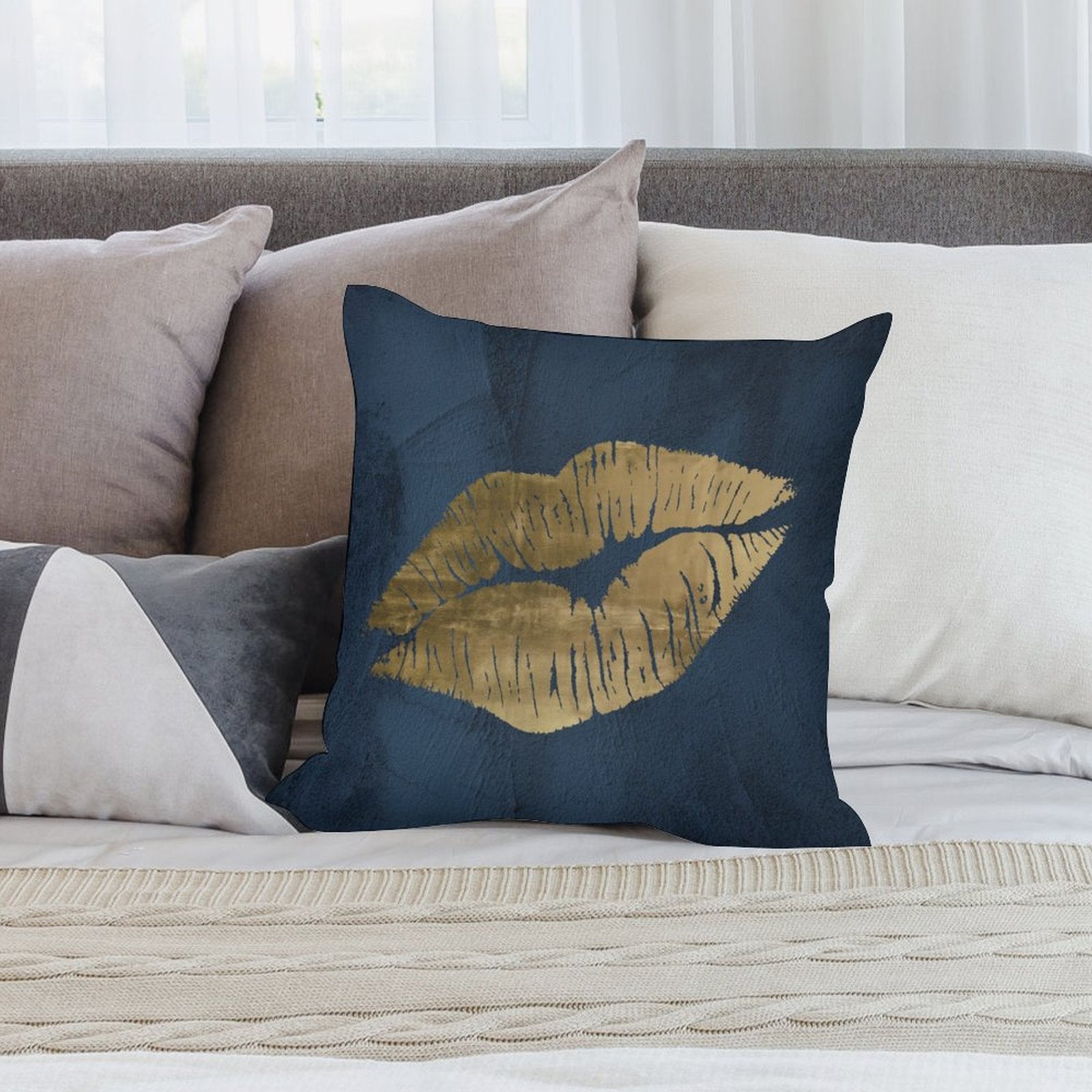 Navy blue plush throw pillow cover with gold lips print; soft and fluffy for sofa or couch.