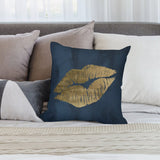 Navy blue plush throw pillow cover with gold lips print; soft and fluffy for sofa or couch.