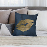 Navy blue plush throw pillow cover with gold lips design for sofa or living room decor.