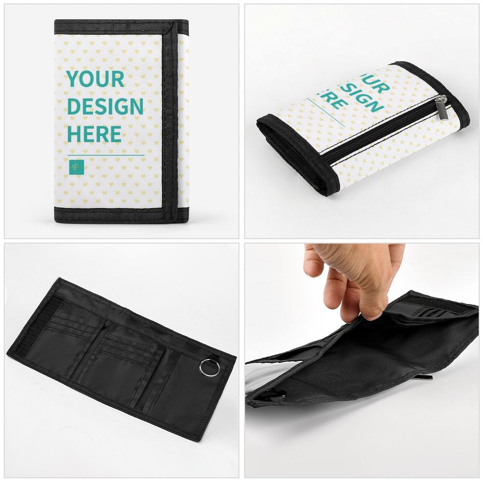 Personalized trifold wallet with 'YOUR DESIGN HERE' design, polyester material. Features zipper, card slots, and key hook.