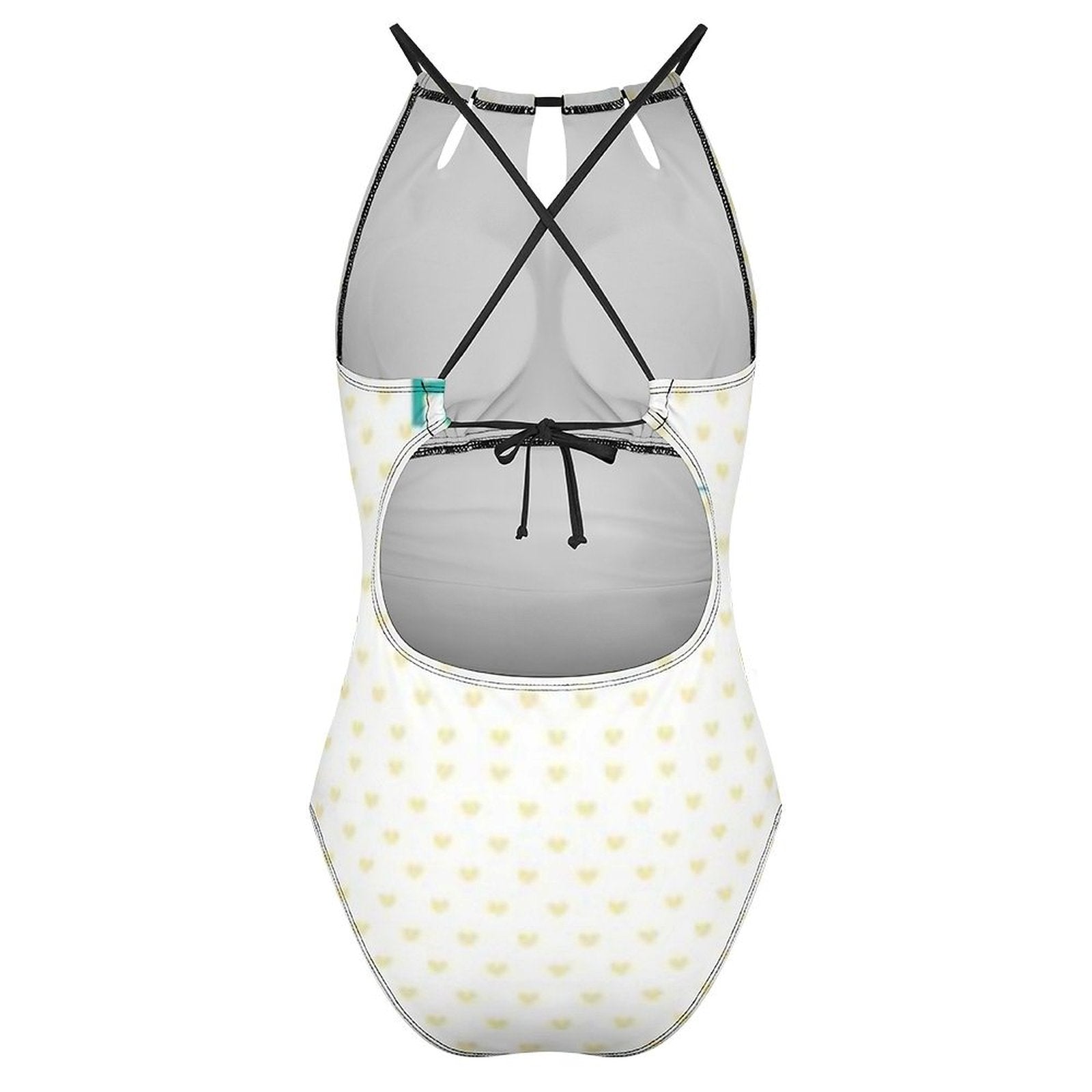 Custom one-piece swimsuit with halter neck and heart pattern, perfect for MyArtsyGift