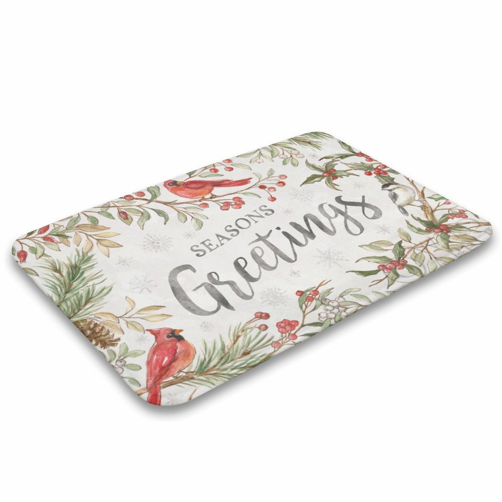 Seasons Greetings coral velvet bath rug with birds and festive design for bathroom, kitchen, or entryway.